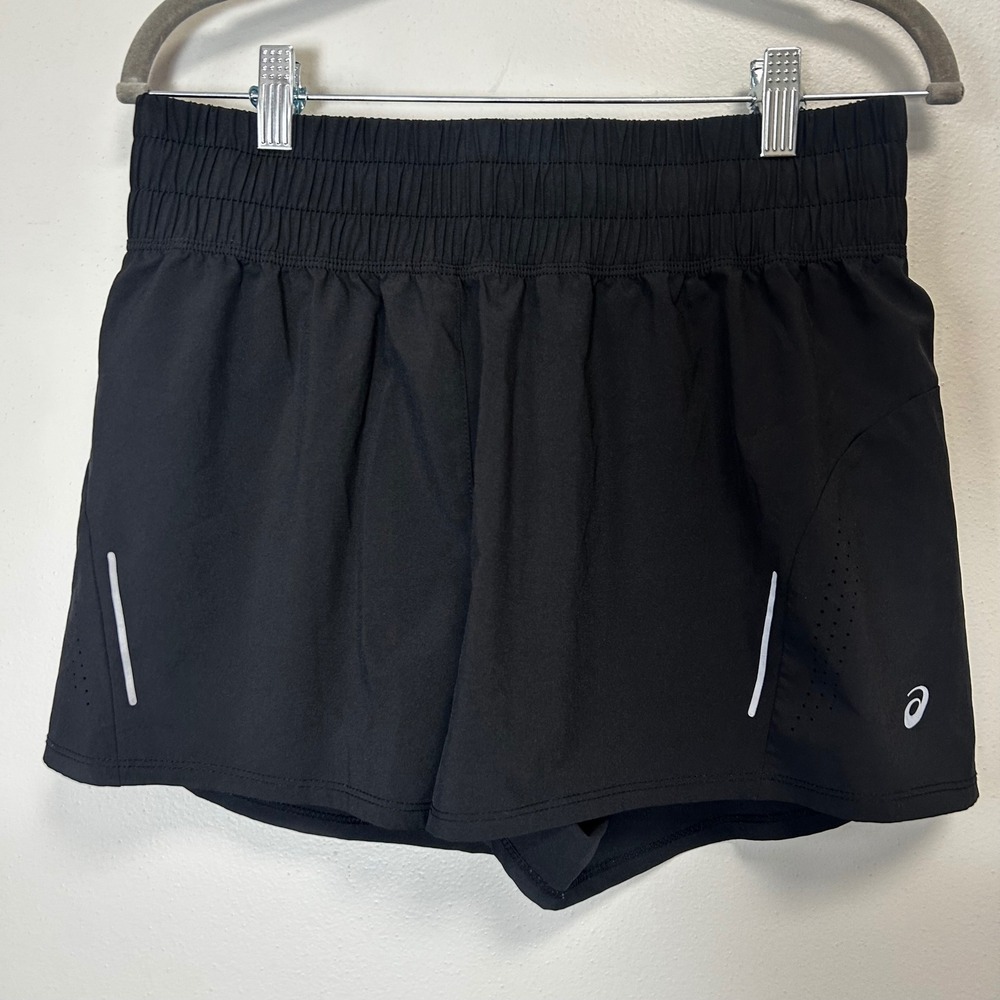 ASICS Womens Black Running Shorts Size M Reflective Smocked hi Waist Zip Pocket